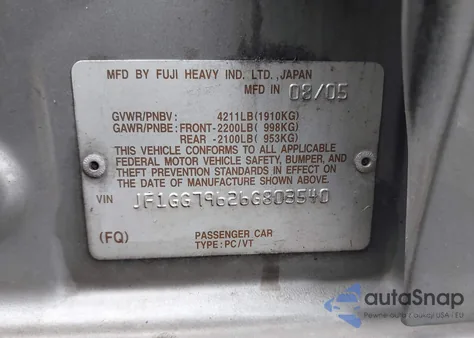 2006 Subaru Impreza Wrx/Wrx Limited из США, поврежденный, VIN JF1GG79626G803540